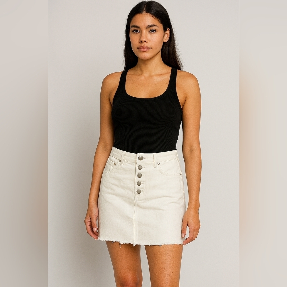 🤍 BP White Denim Button Front Mini Skirt Size 27 Frayed Hem